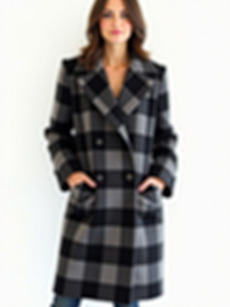 Manteau en laine à carreaux noir et gris