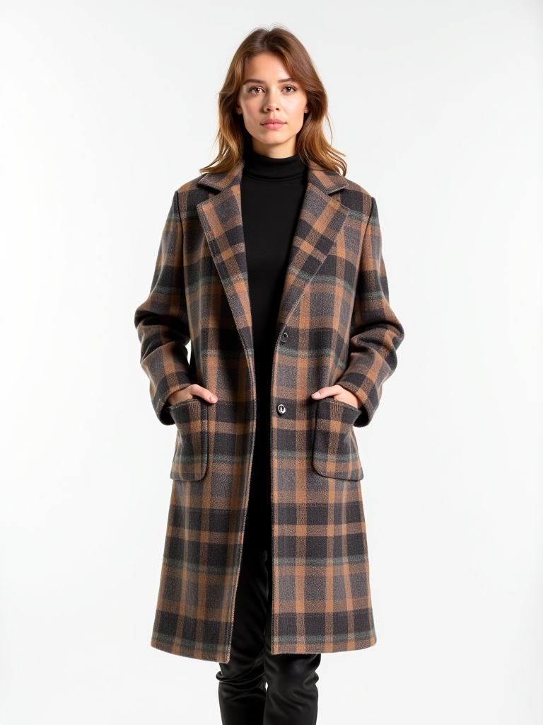 Manteau carreaux en laine avec poches